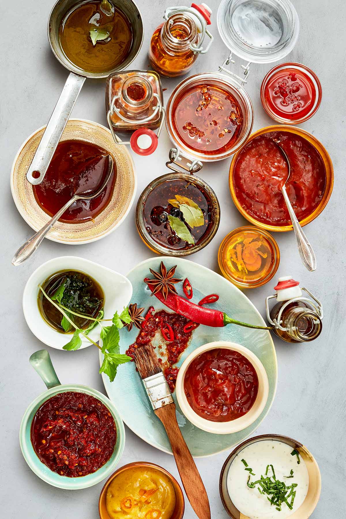 A variety of venison marinades on a tabletop