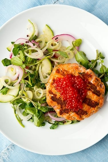 Salmon patties with a summer salad