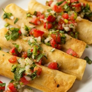 A platter of tacos dorados, taquitos, stuffed with chicken.