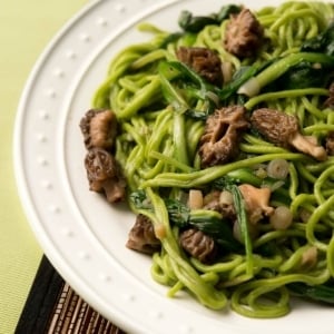 ramp pasta with morels on a plate.