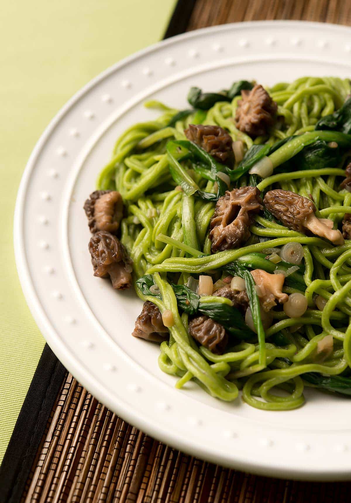 ramp pasta with morels on a plate.