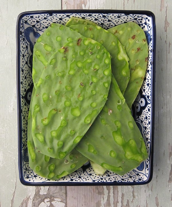 Cleaned nopales in a bowl. 