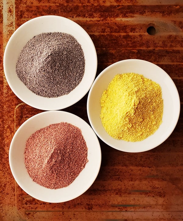 three kinds of homemade masa harina in bowls