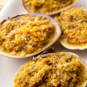 Close up of Rhode Island stuffed clams in their shells.