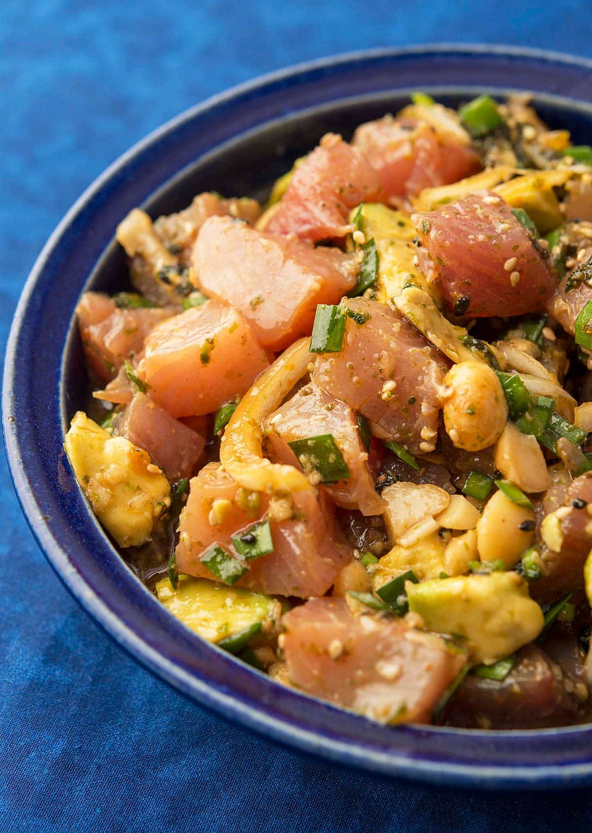 Close up of a tuna poke bowl