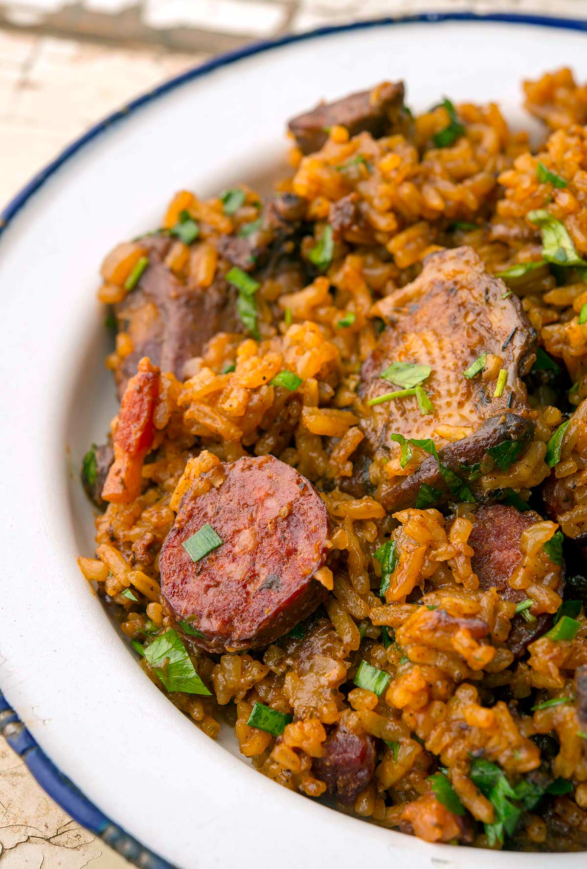 Closeup of a bowl of Cajun jambalaya