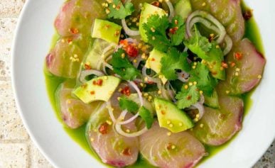 Mexican aguachile recipe on a plate, ready to eat
