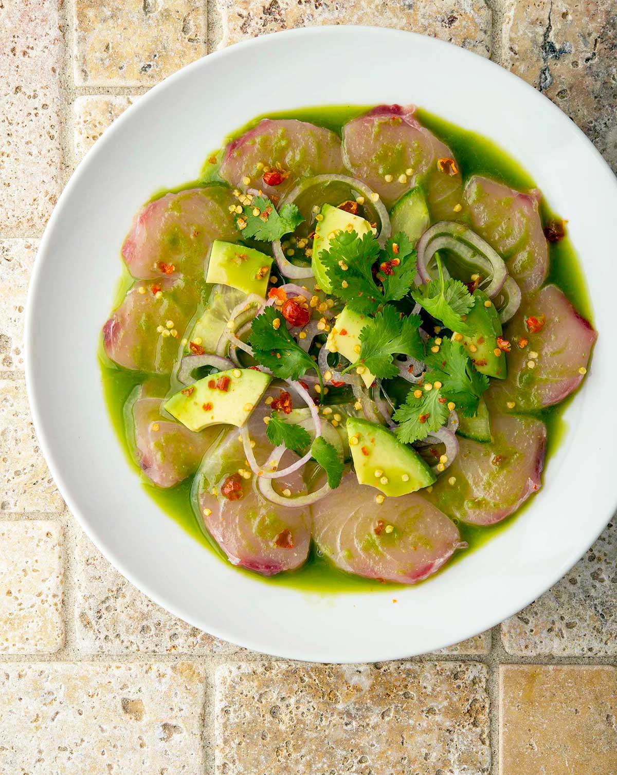 Mexican aguachile recipe on a plate, ready to eat