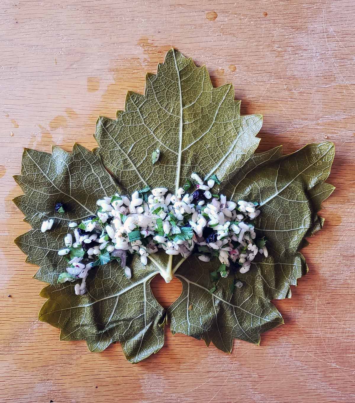 A grape leaf ready to be folded into dolmades