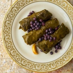 A serving of stuffed grape leaves on a plate