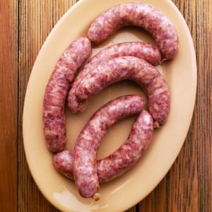 Spanish butifarra sausage on a platter.