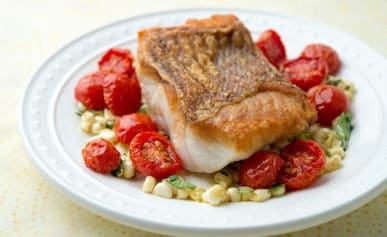 Seared red snapper with cherry tomatoes and corn