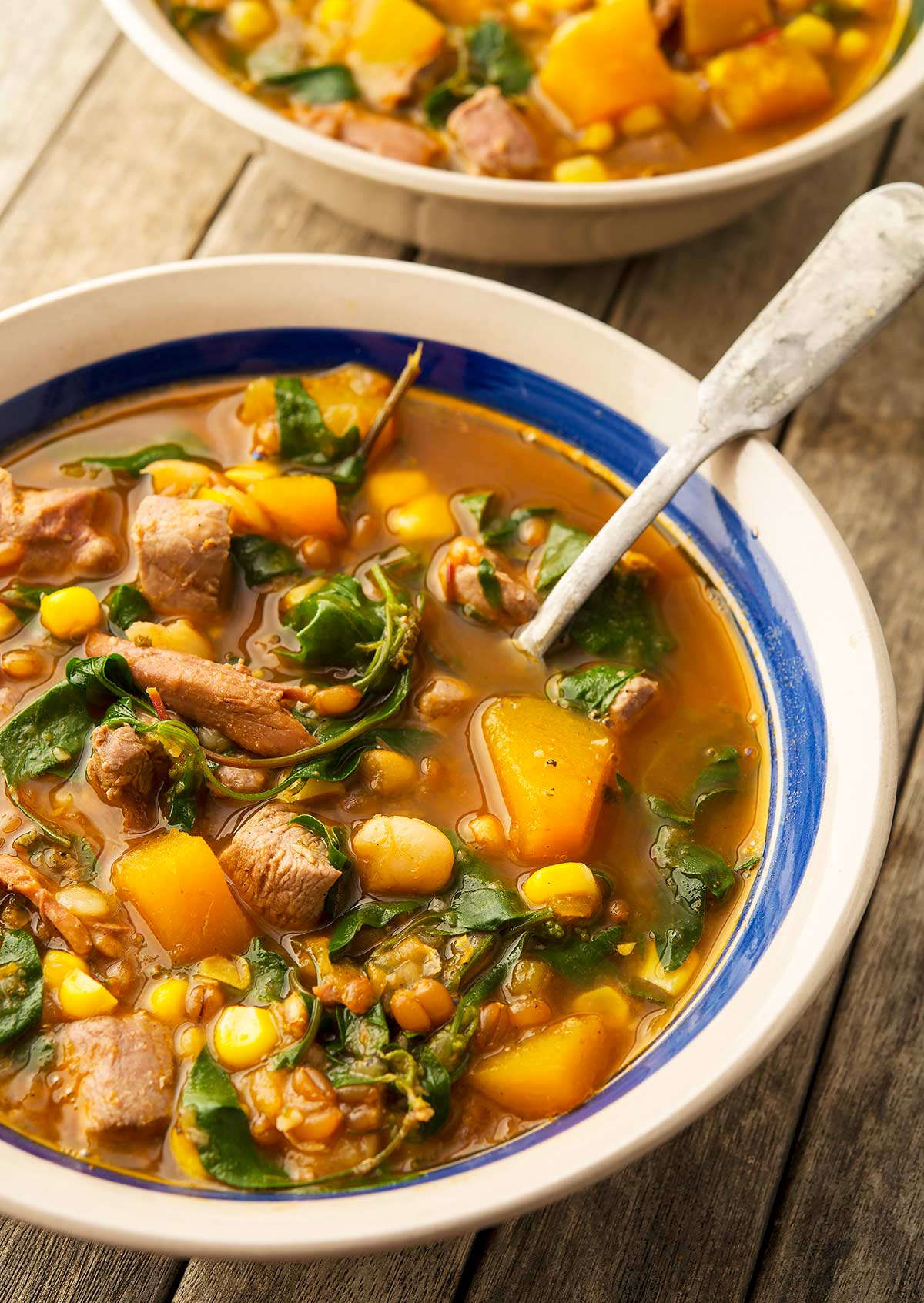 A bowl of three sisters stew with grouse. 