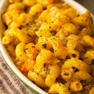 A serving of shrimp mac and cheese