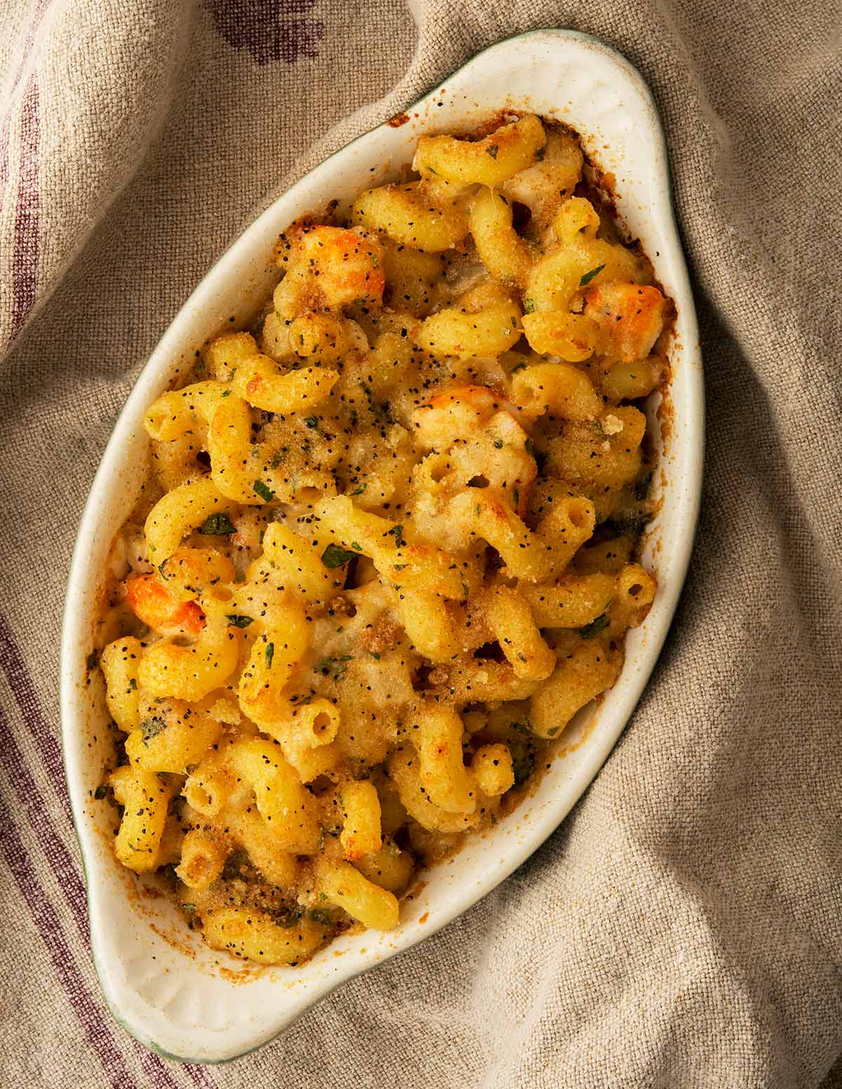 A platter of shrimp mac and cheese