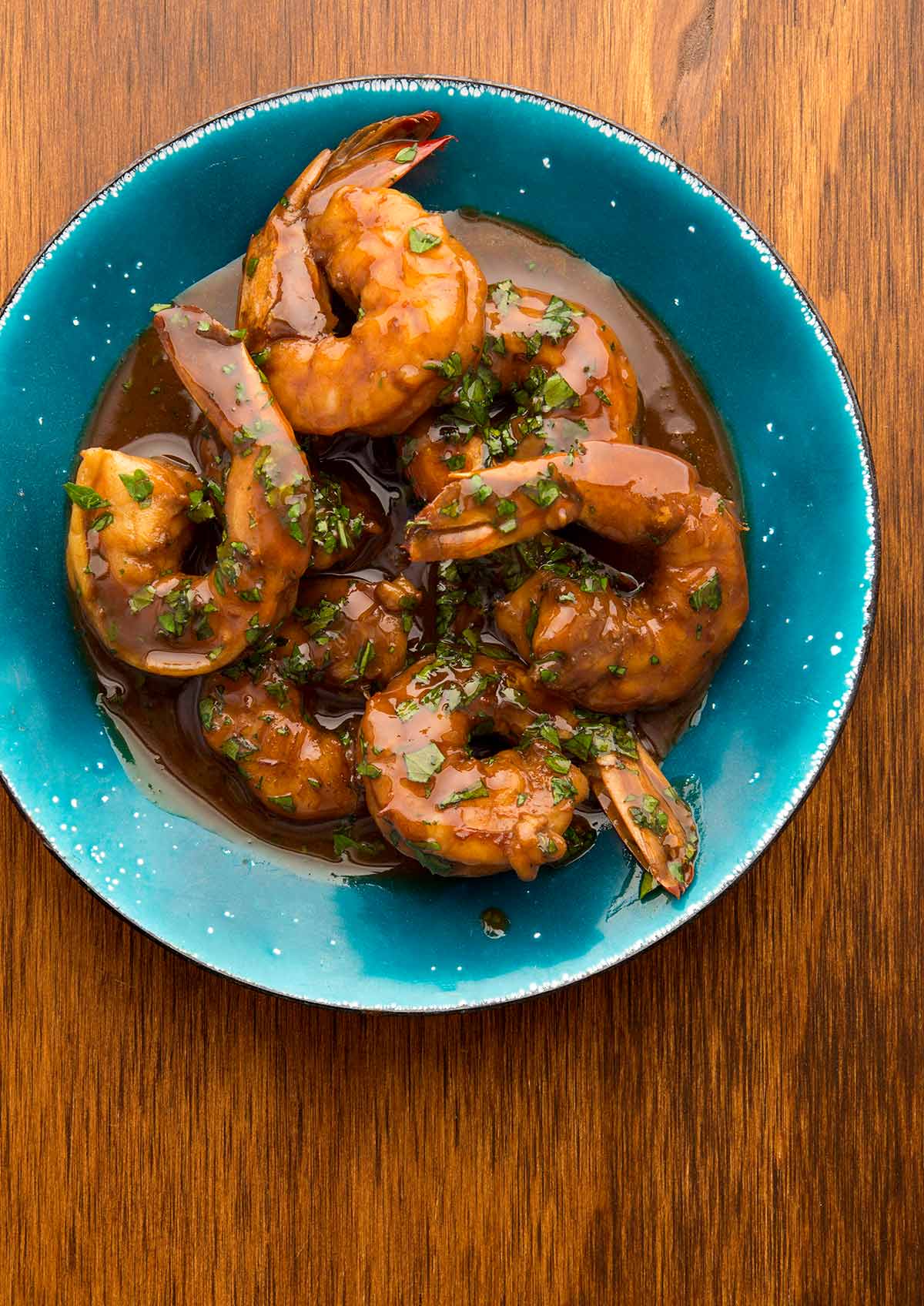 A bowl of New Orleans BBQ shrimp. 