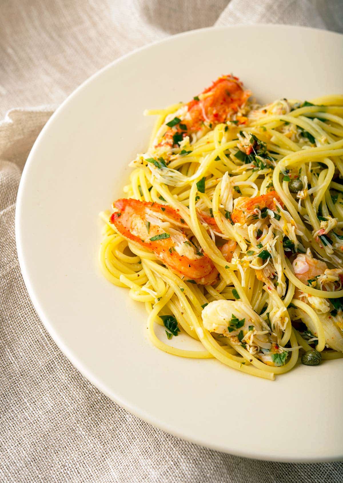 Closeup of a plate of crab pasta