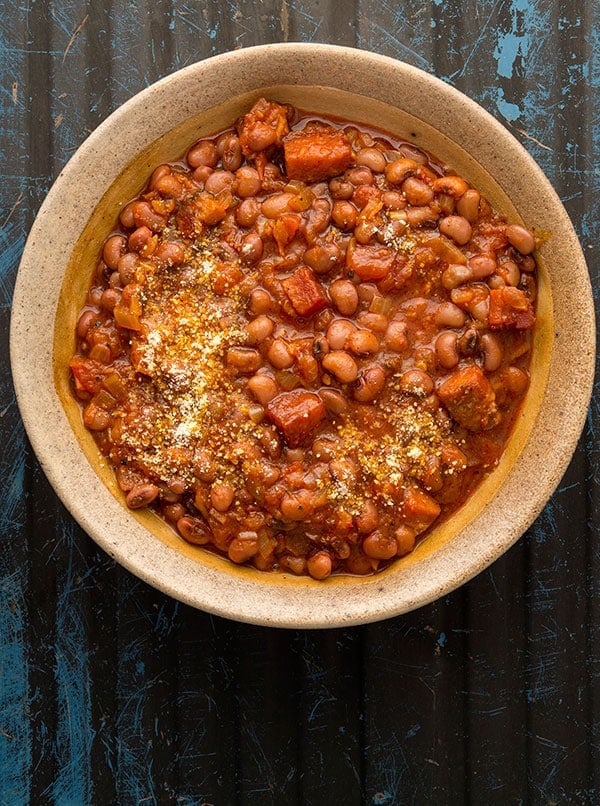 Ghanaian red red stew in a bowl