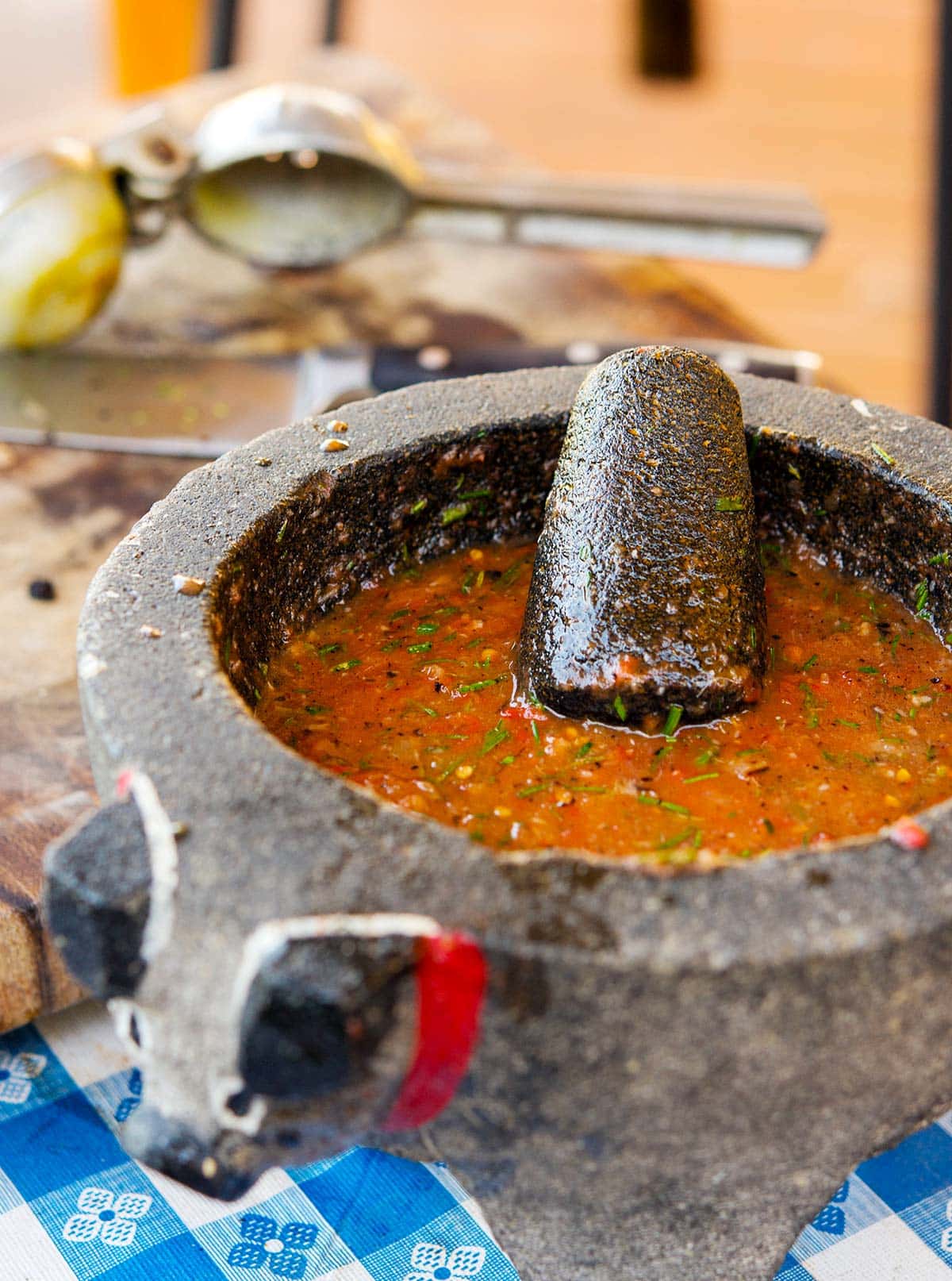 Fire roasted salsa in a molcajete