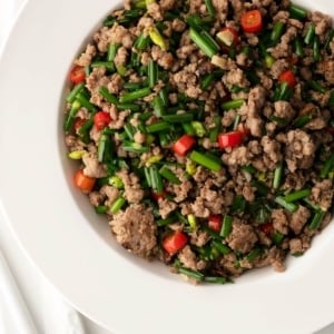 closeup of ground pork stir fry recipe