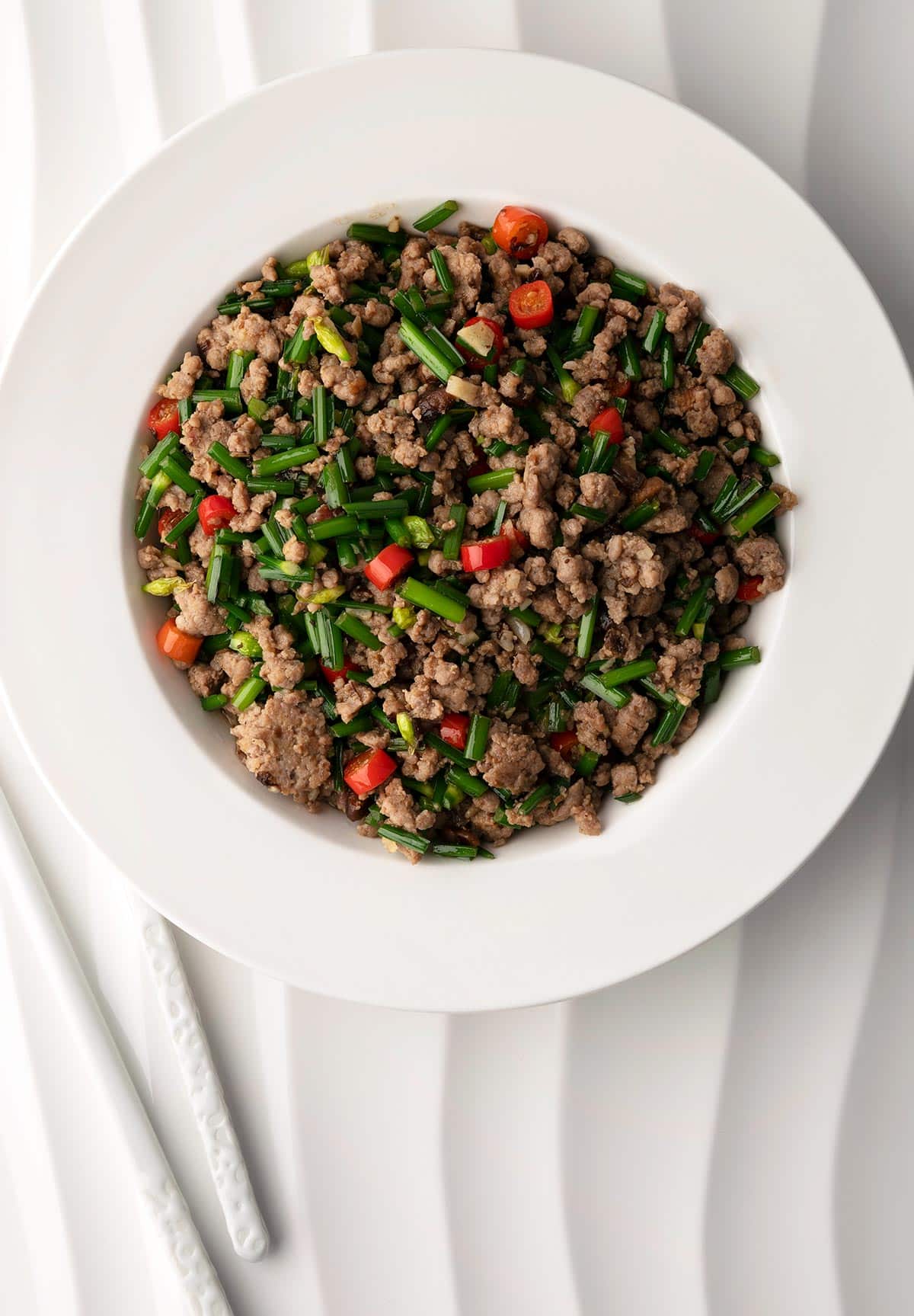 A bowl of ground pork stir fry