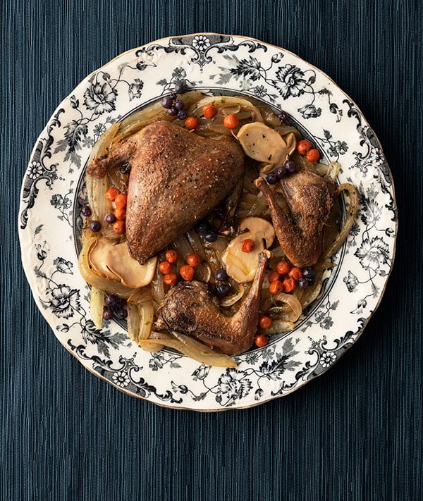 overhead view of pan roasted ptarmigan with caramelized onions