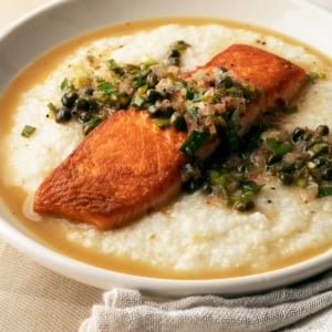 Closeup of salmon piccata recipe