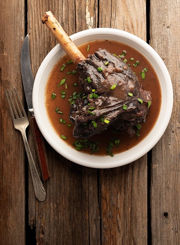 Braised venison shank on a plate