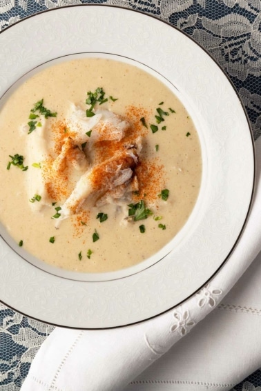 A bowl of cream of crab soup