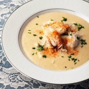Closeup of a bowl of cream of crab soup
