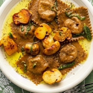 Closeup of mushroom ravioli on a plate