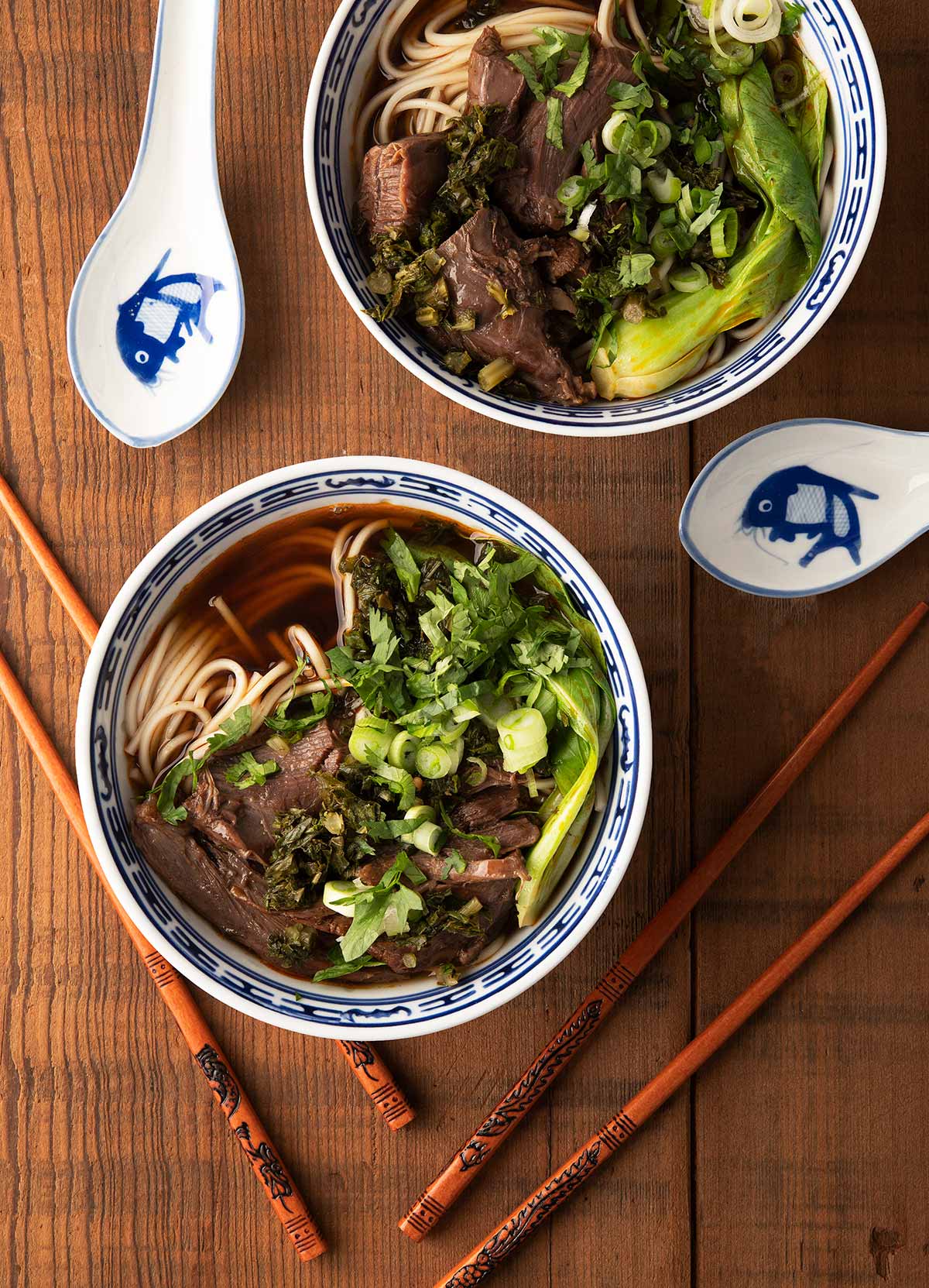 Two bowls of Taiwanese beef noodle soup