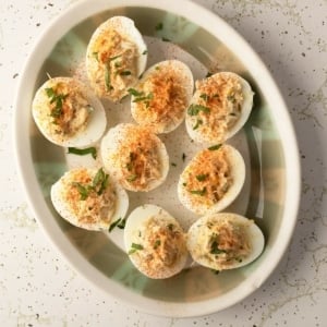 Overhead view of the platter of crab deviled eggs