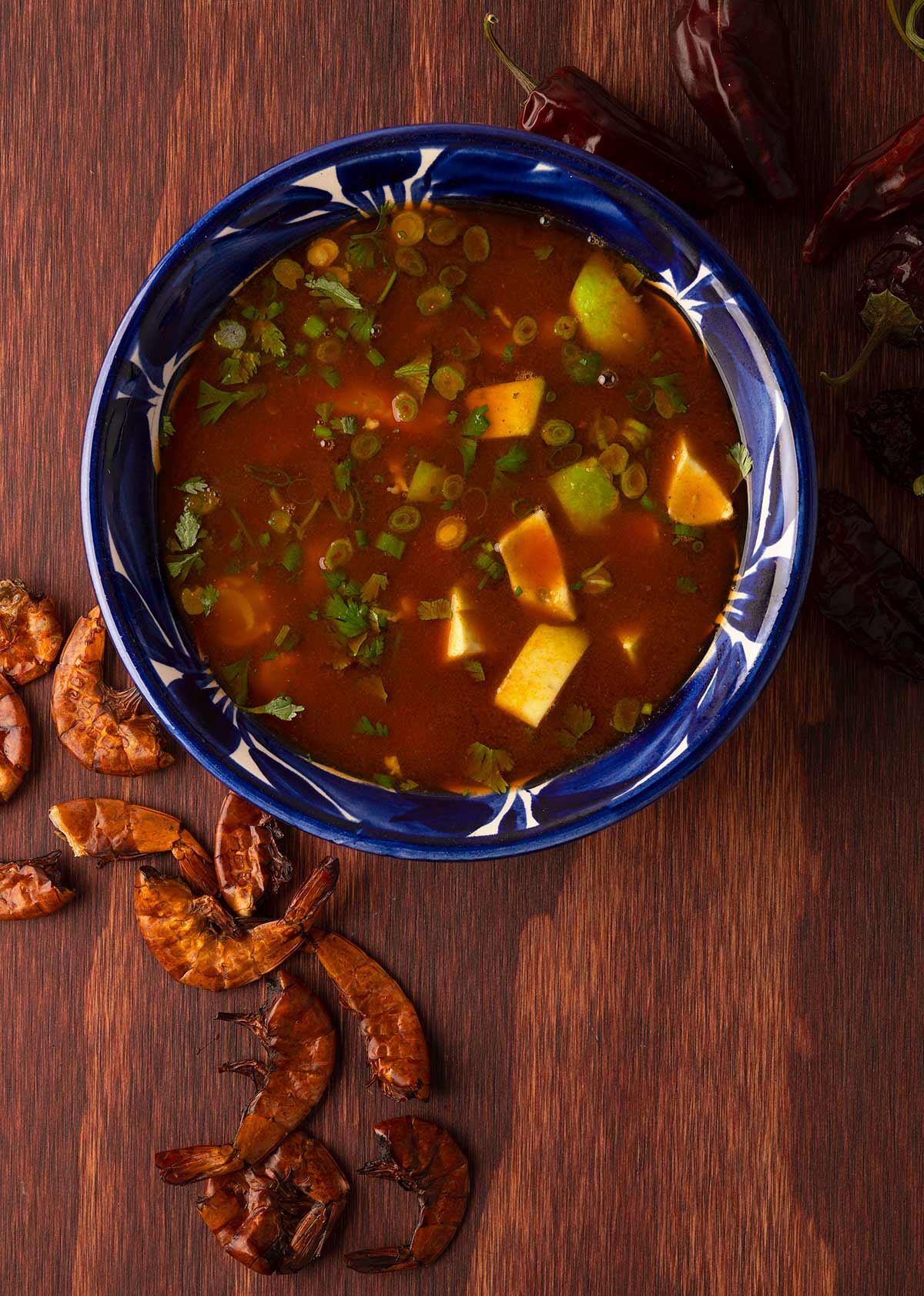 A bowl of caldo de camaron, Mexican shrimp soup