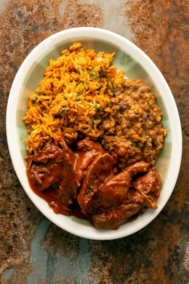 Sonoran carne con chile on a plate with rice and beans