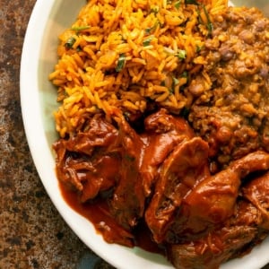 Closeup of the platter of rice, beans and carne con chile.