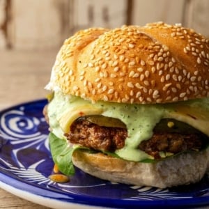 Closeup view of a chorizo burger on a plate