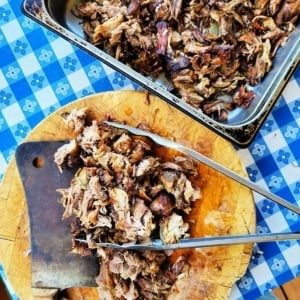 Carnitas chopped on a cutting board