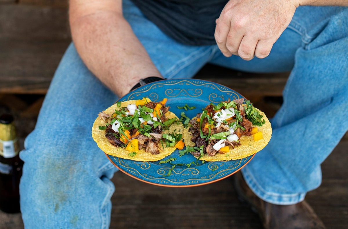 A pair of carnitas tacos on a plate