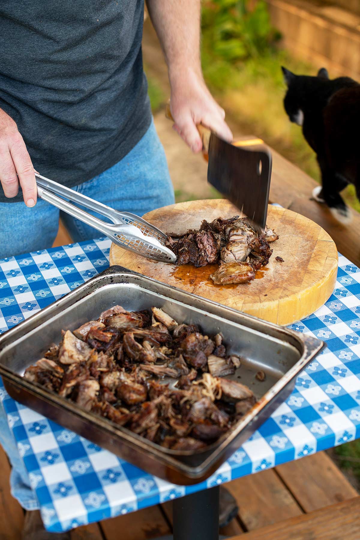 Chopping carnitas for tacos