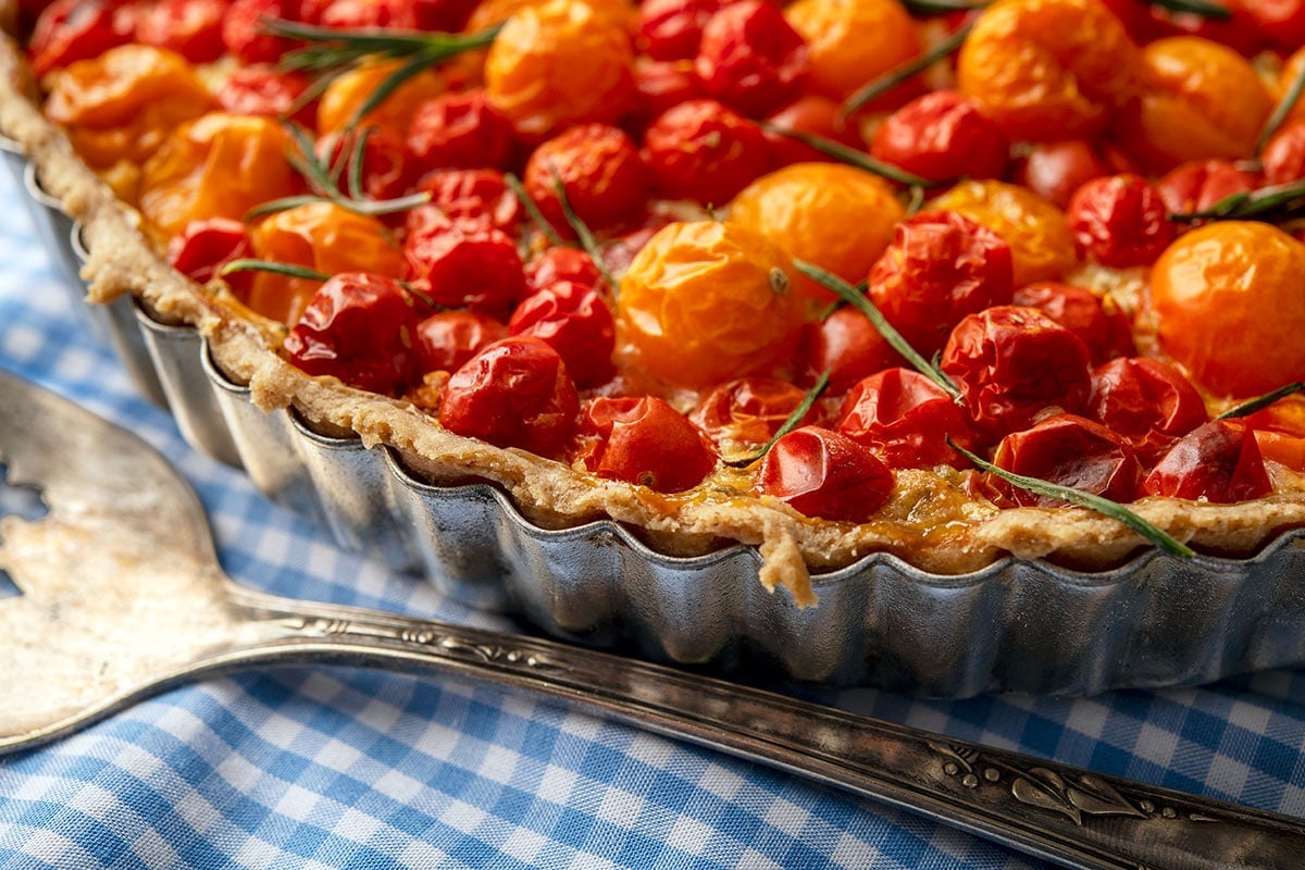 Closeup of a cherry tomato tart