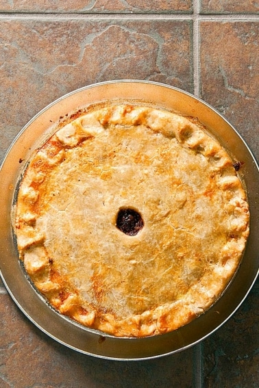 Overhead view of an English duck pie