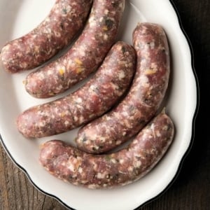 A platter of garlic sausages made from venison and pork