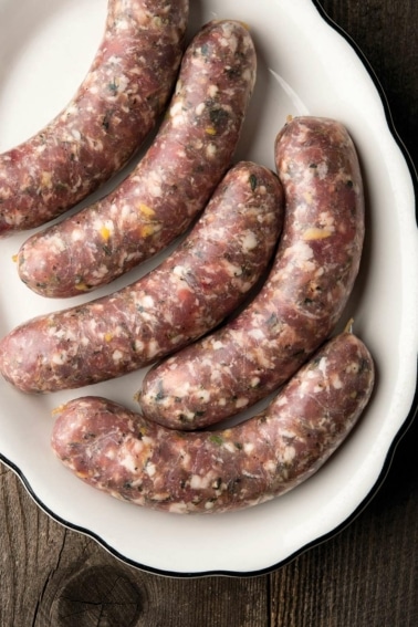 A platter of garlic sausages made from venison and pork