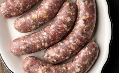 A platter of garlic sausages made from venison and pork