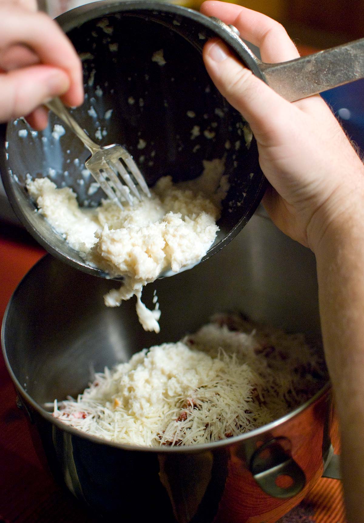 Mixing the panade into the venison meatballs