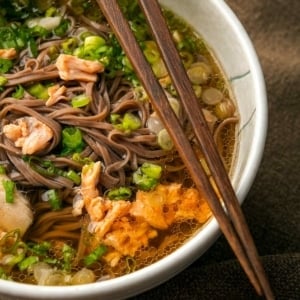 Closeup of salmon miso soup