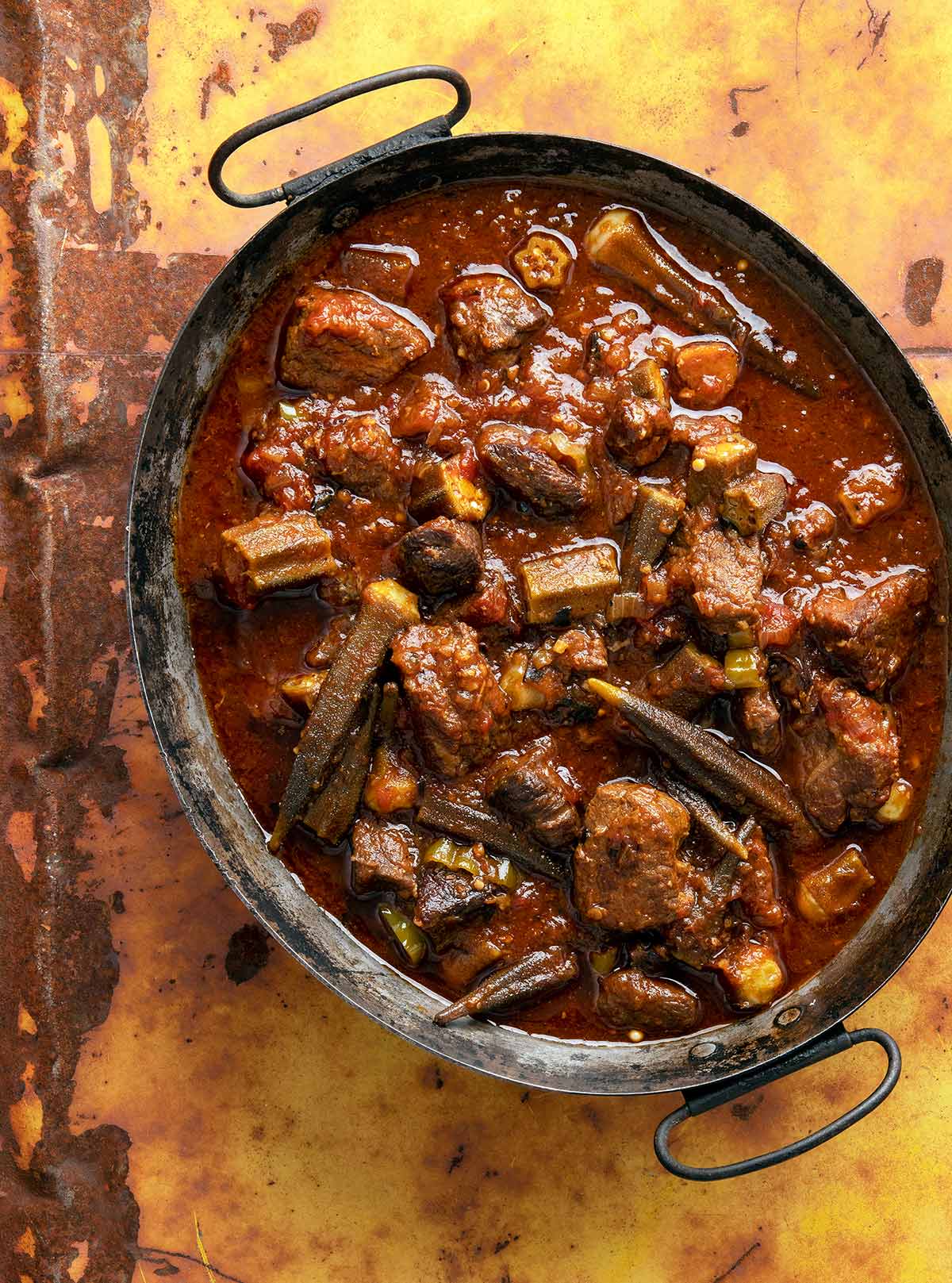 Egyptian meat and okra stew in a bowl