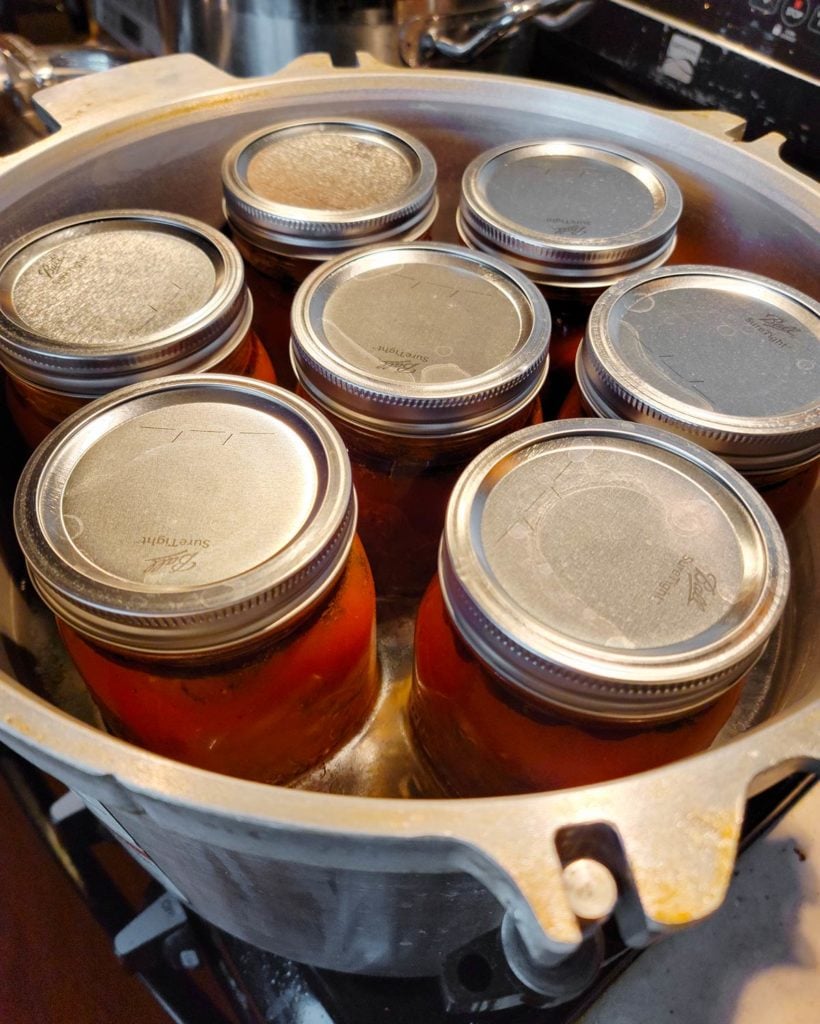 Quart jars of canned venison spaghetti sauce in the canner. 