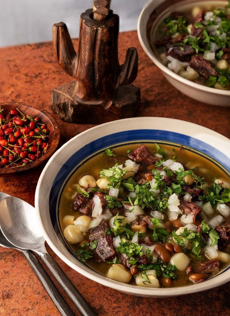 Closeup of a bowl of gallina pinta. 